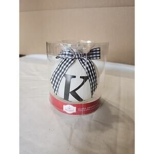 Holiday Time Monogram Glass Ornament Letter "K" White & Black Buffalo Check Bow